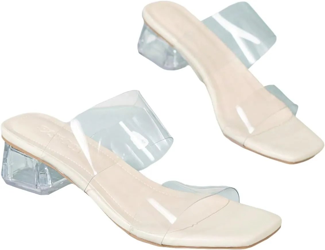 OYOANGLE Women's Clear Transparent Two Strap Low Block Heel Sandals Square Open Toe Slip on Slides