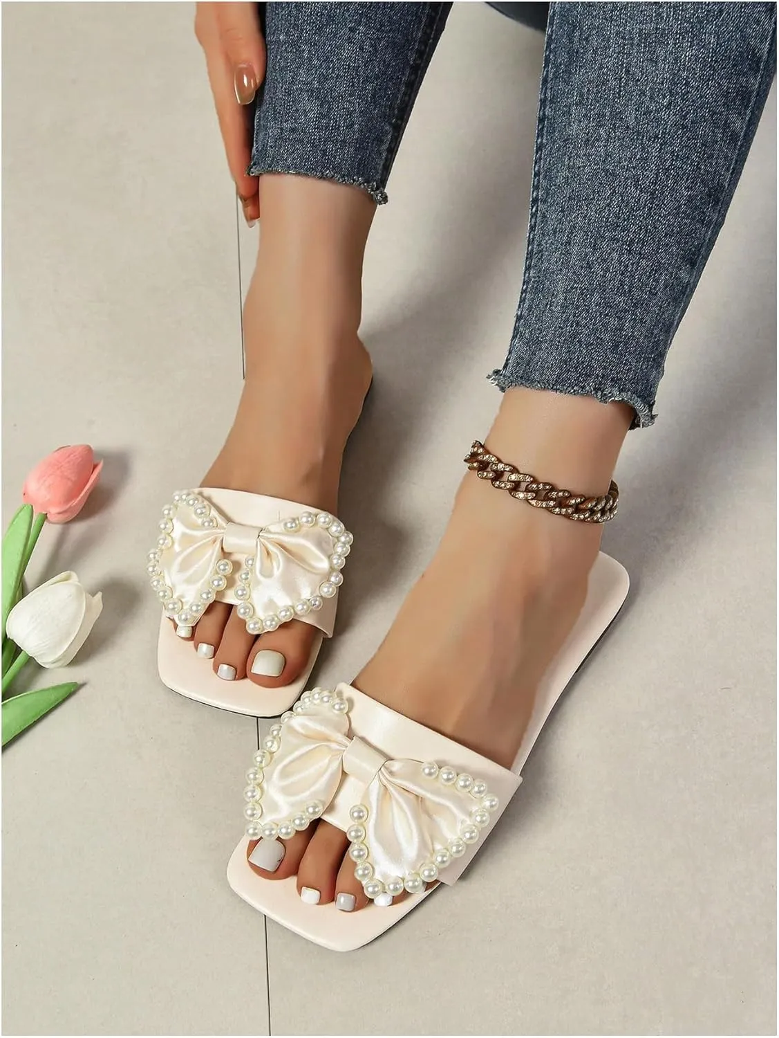 OYOANGLE Women's Pearl Bow Flat Sandals Open Square Toe Slip On Dressy Slides Sandal