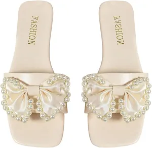 OYOANGLE Women's Pearl Bow Flat Sandals Open Square Toe Slip On Dressy Slides Sandal