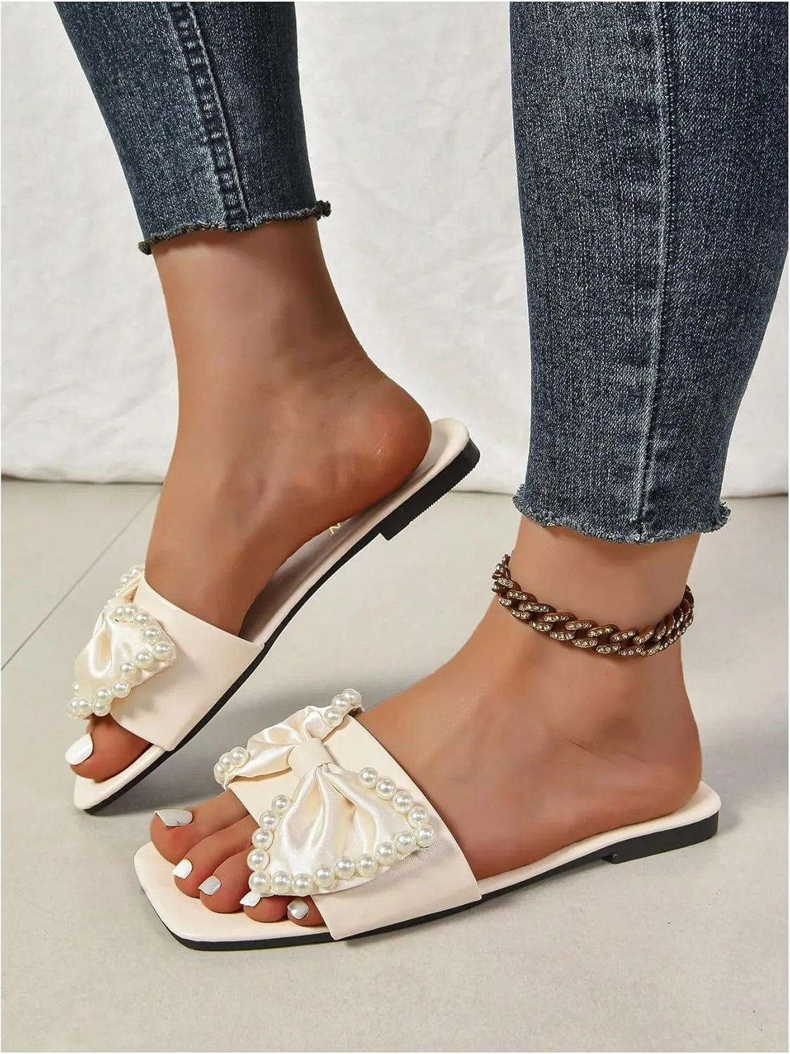 OYOANGLE Women's Pearl Bow Flat Sandals Open Square Toe Slip On Dressy Slides Sandal