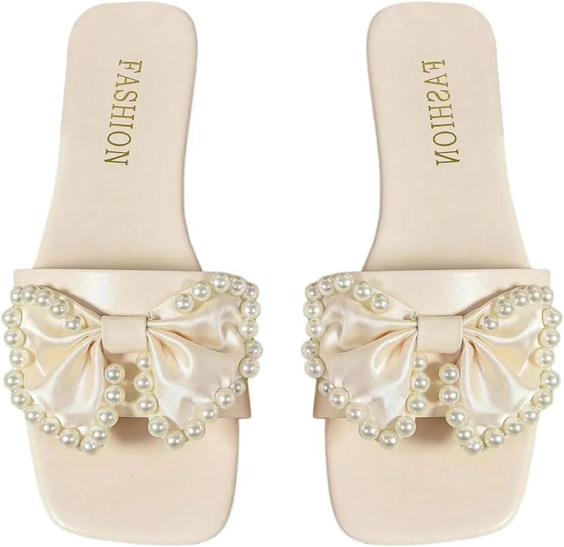 OYOANGLE Women's Pearl Bow Flat Sandals Open Square Toe Slip On Dressy Slides Sandal