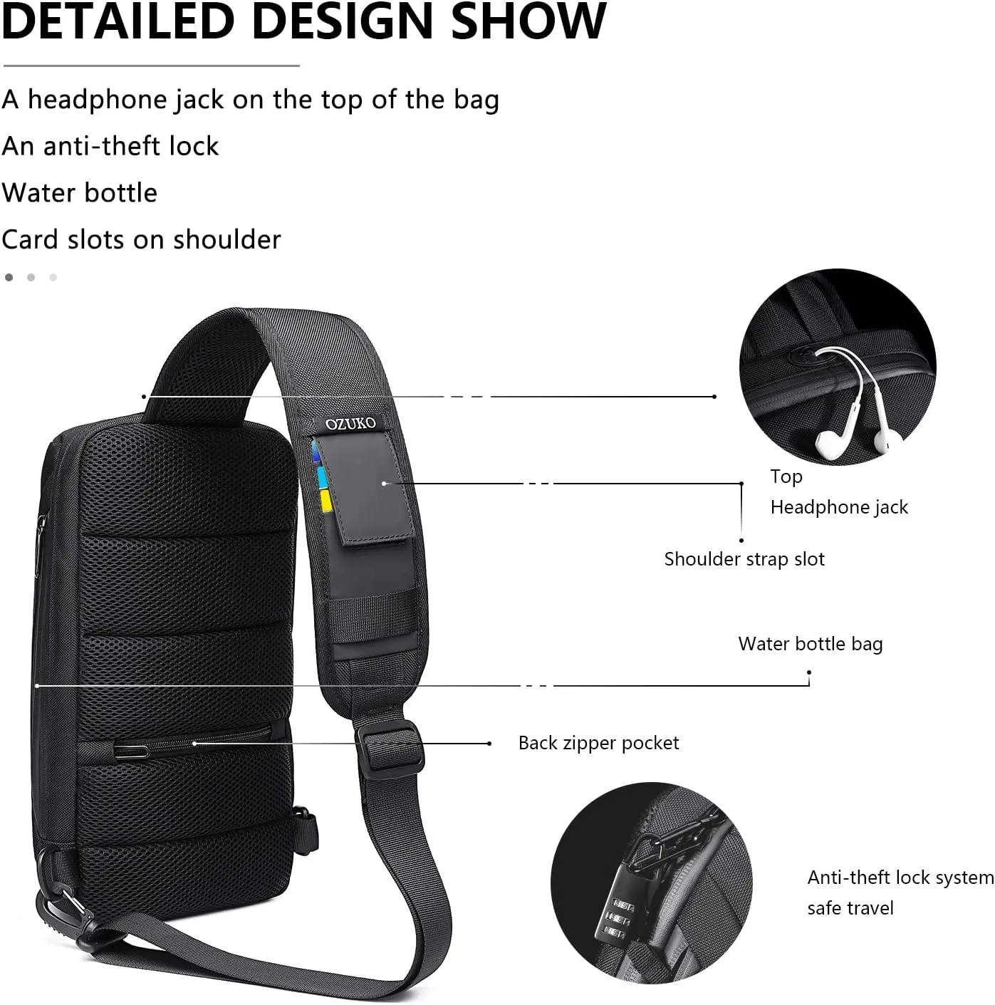 OZUKO Anti Theft Crossbody Sling Bag, Large Waterproof Shoulder Chest Bag Backpack with USB Charging Lightweight Casual Backpacks (Black)