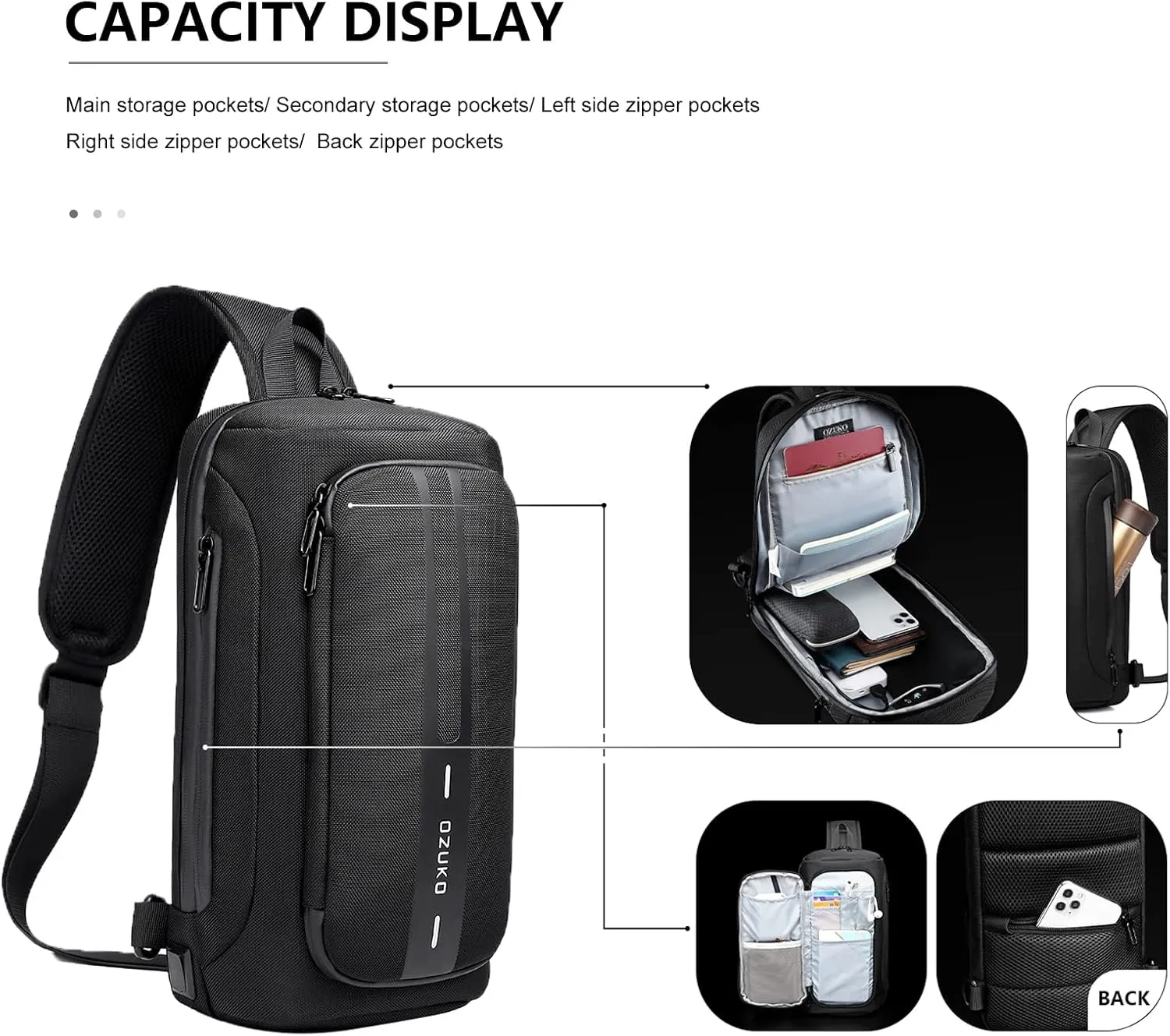 OZUKO Anti Theft Crossbody Sling Bag, Large Waterproof Shoulder Chest Bag Backpack with USB Charging Lightweight Casual Backpacks (Black)