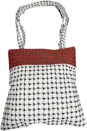 Palestinian Kuffiyeh Tote Bag with Red Tatreez Embroidery – Cultural Heritage Pattern – Durable Canvas Shoulder Bag for Everyday Use