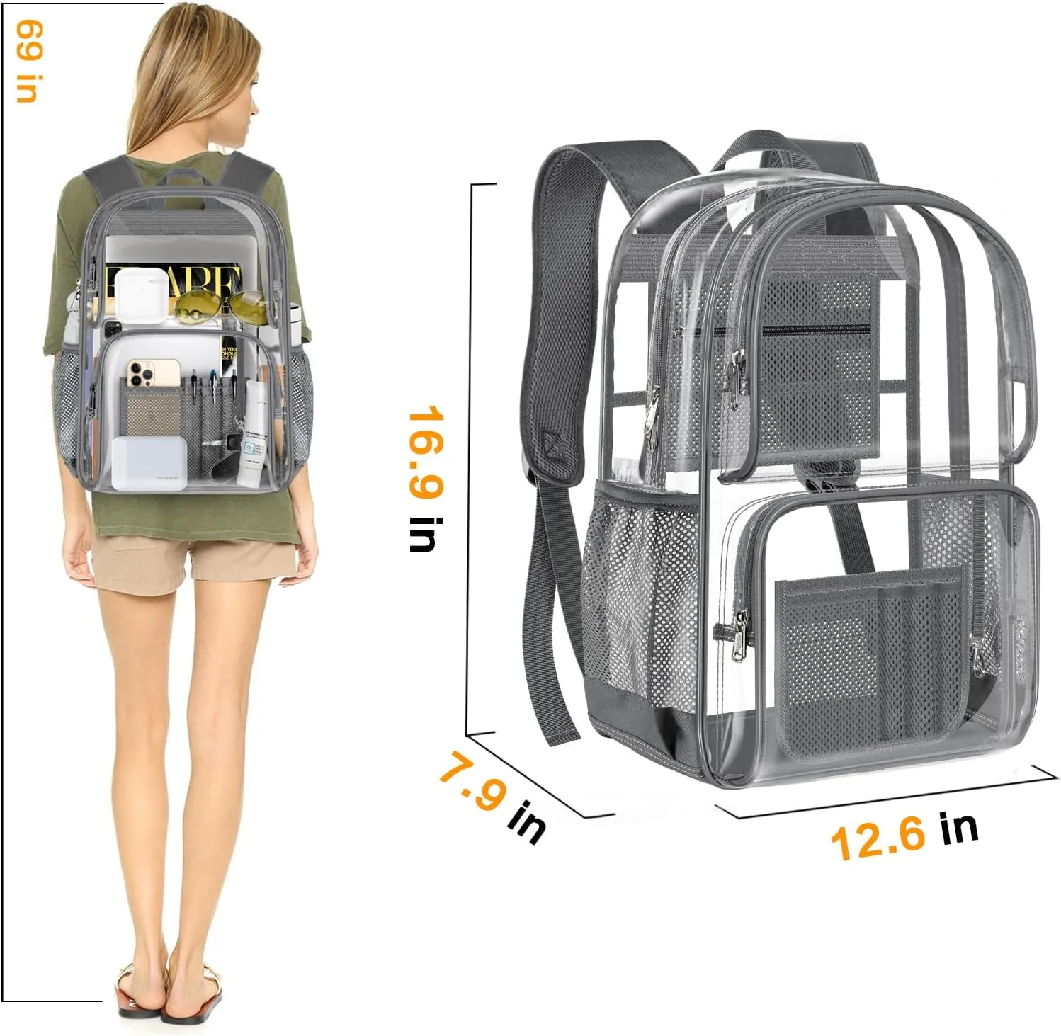 PAMANO Clear Backpack Heavy Duty Transparent See Through Bag for College Work Travel Security,Gray