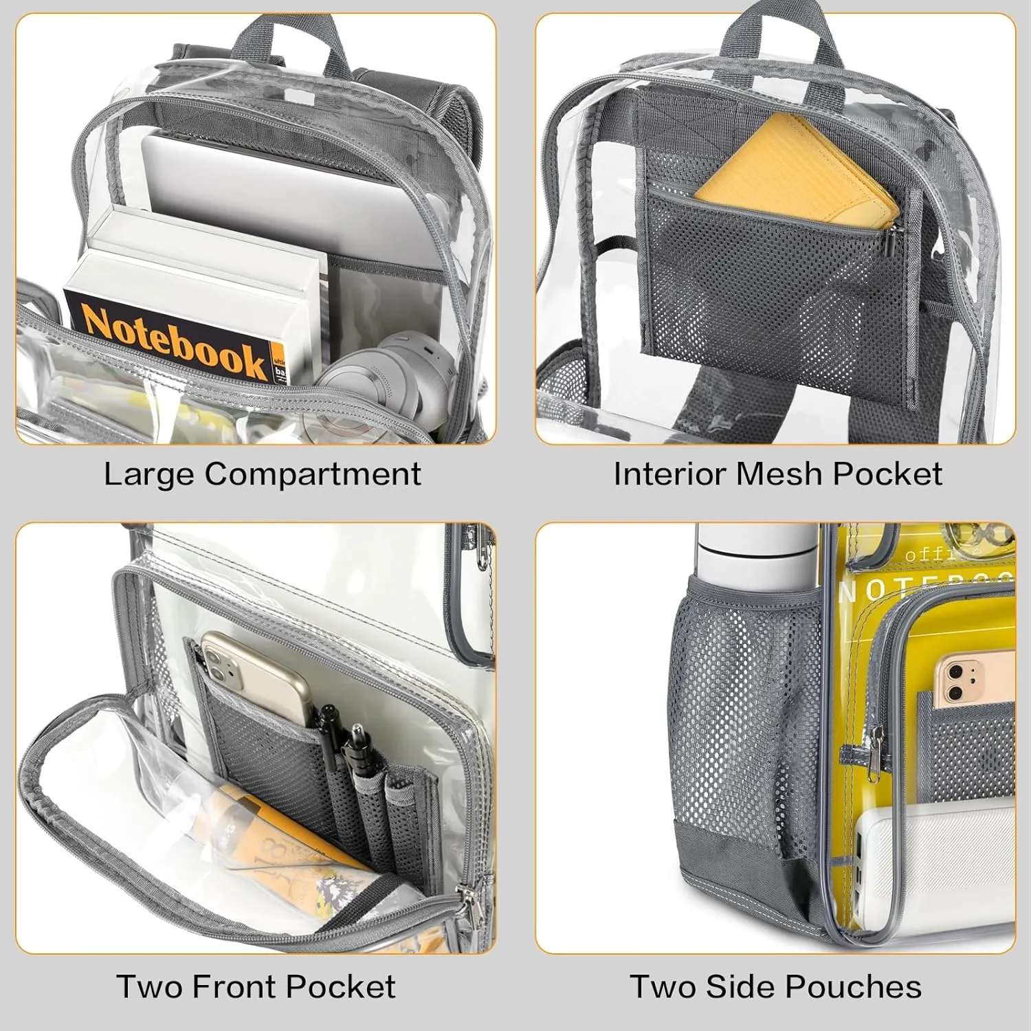 PAMANO Clear Backpack Heavy Duty Transparent See Through Bag for College Work Travel Security,Gray