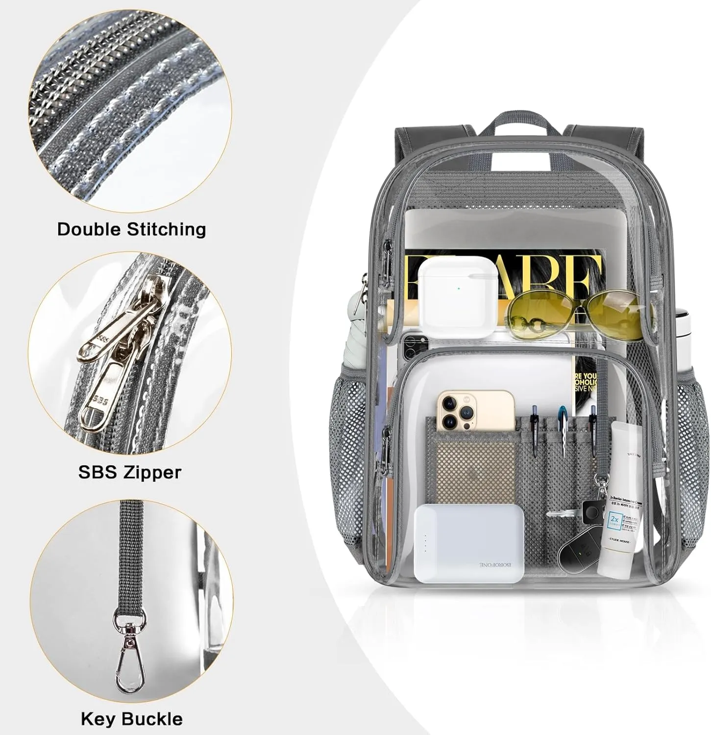 PAMANO Clear Backpack Heavy Duty Transparent See Through Bag for College Work Travel Security,Gray