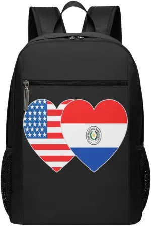 Paraguay America Flag Twin Heart for Paraguayan Americans Casual Backpacks Sports Backpack Large Capacity Travel Rucksack Laptop Daypack with Multi-Pockets Adjustable Strap Work Bag for Hiking