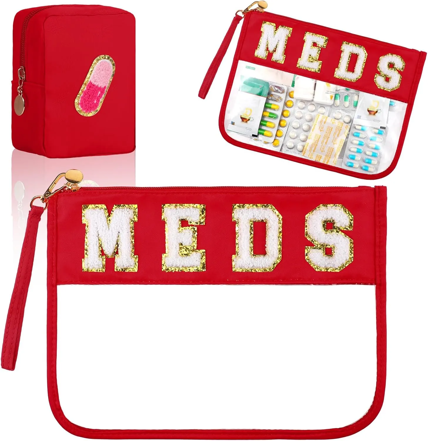 Paterr 2 Pcs Makeup Bags with Zipper Preppy Patch Pouch Waterproof Nylon Medicine Bag Portable Cosmetic Bags Chenille Letter Bag for Women Travel Toiletry Storage (Red,Classic)