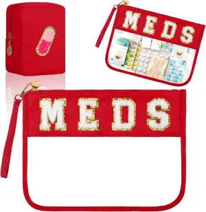 Paterr 2 Pcs Makeup Bags with Zipper Preppy Patch Pouch Waterproof Nylon Medicine Bag Portable Cosmetic Bags Chenille Letter Bag for Women Travel Toiletry Storage (Red,Classic)