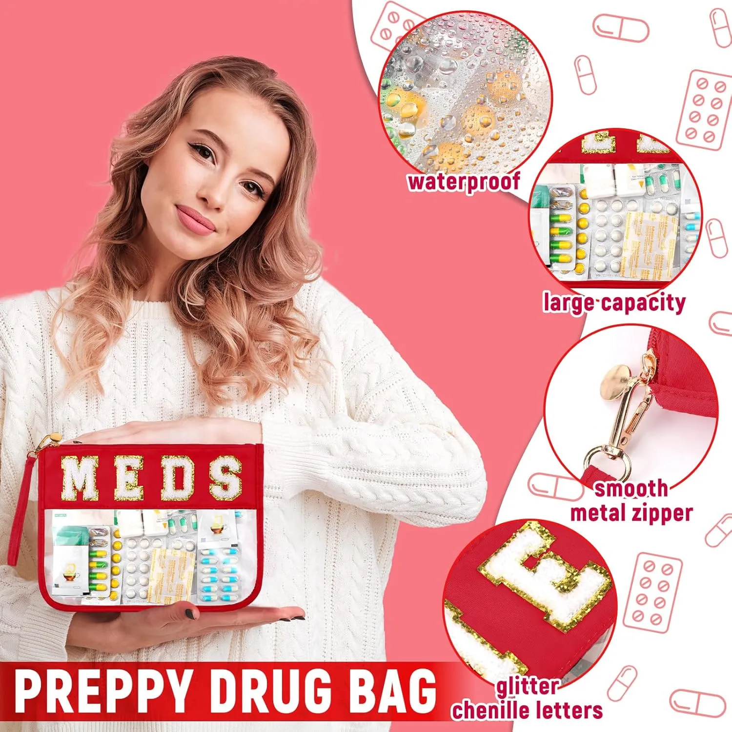 Paterr 2 Pcs Makeup Bags with Zipper Preppy Patch Pouch Waterproof Nylon Medicine Bag Portable Cosmetic Bags Chenille Letter Bag for Women Travel Toiletry Storage (Red,Classic)