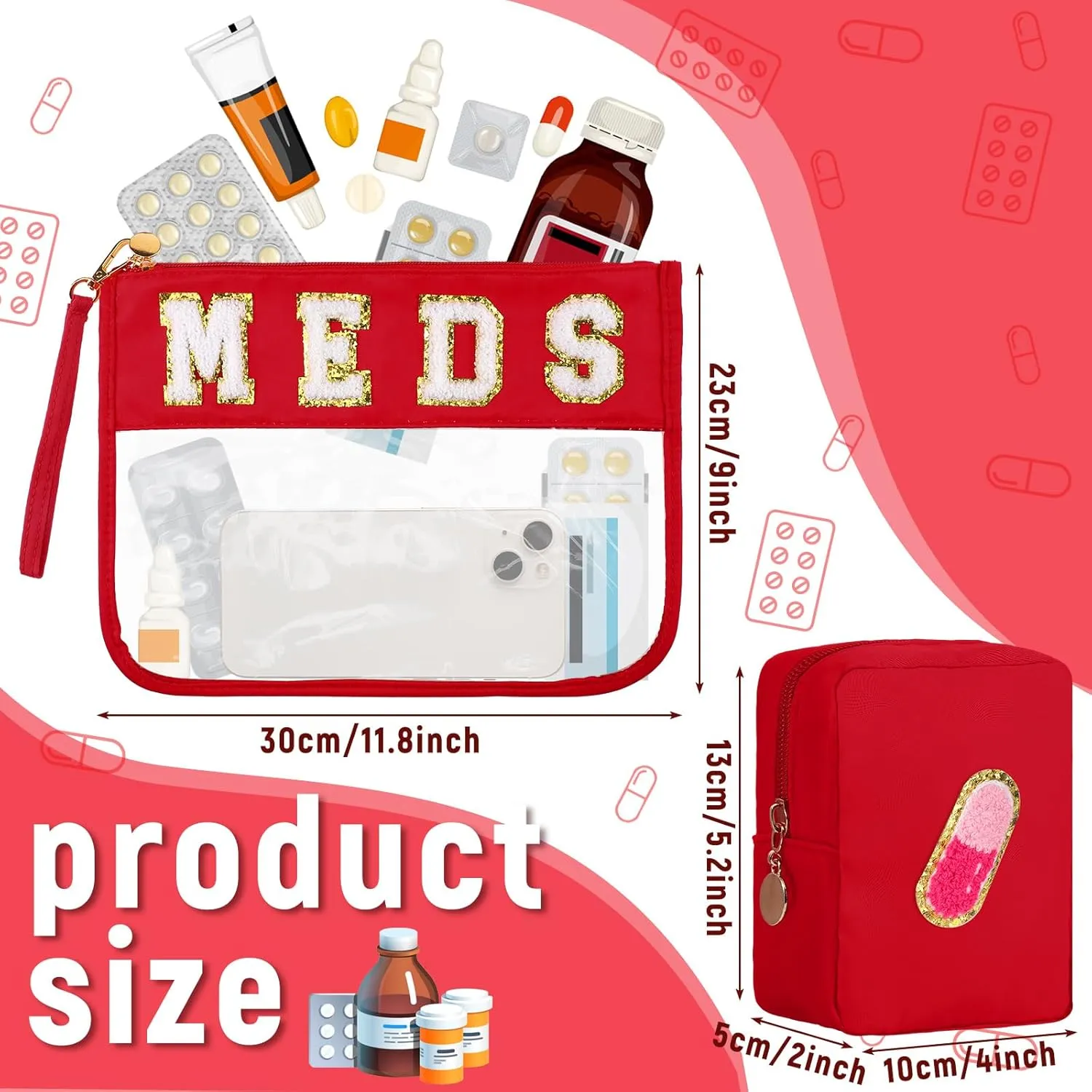 Paterr 2 Pcs Makeup Bags with Zipper Preppy Patch Pouch Waterproof Nylon Medicine Bag Portable Cosmetic Bags Chenille Letter Bag for Women Travel Toiletry Storage (Red,Classic)