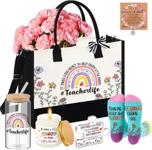 Paterr 6 Pcs Best Teacher Appreciation Gifts, Teacher from Student Include Tote Bag 16 oz Cup Glass 1 Candle 1 Pair Cotton Socks 1 Bracelet Acrylic Puzzle Gifts for Teacher's Day Birthday