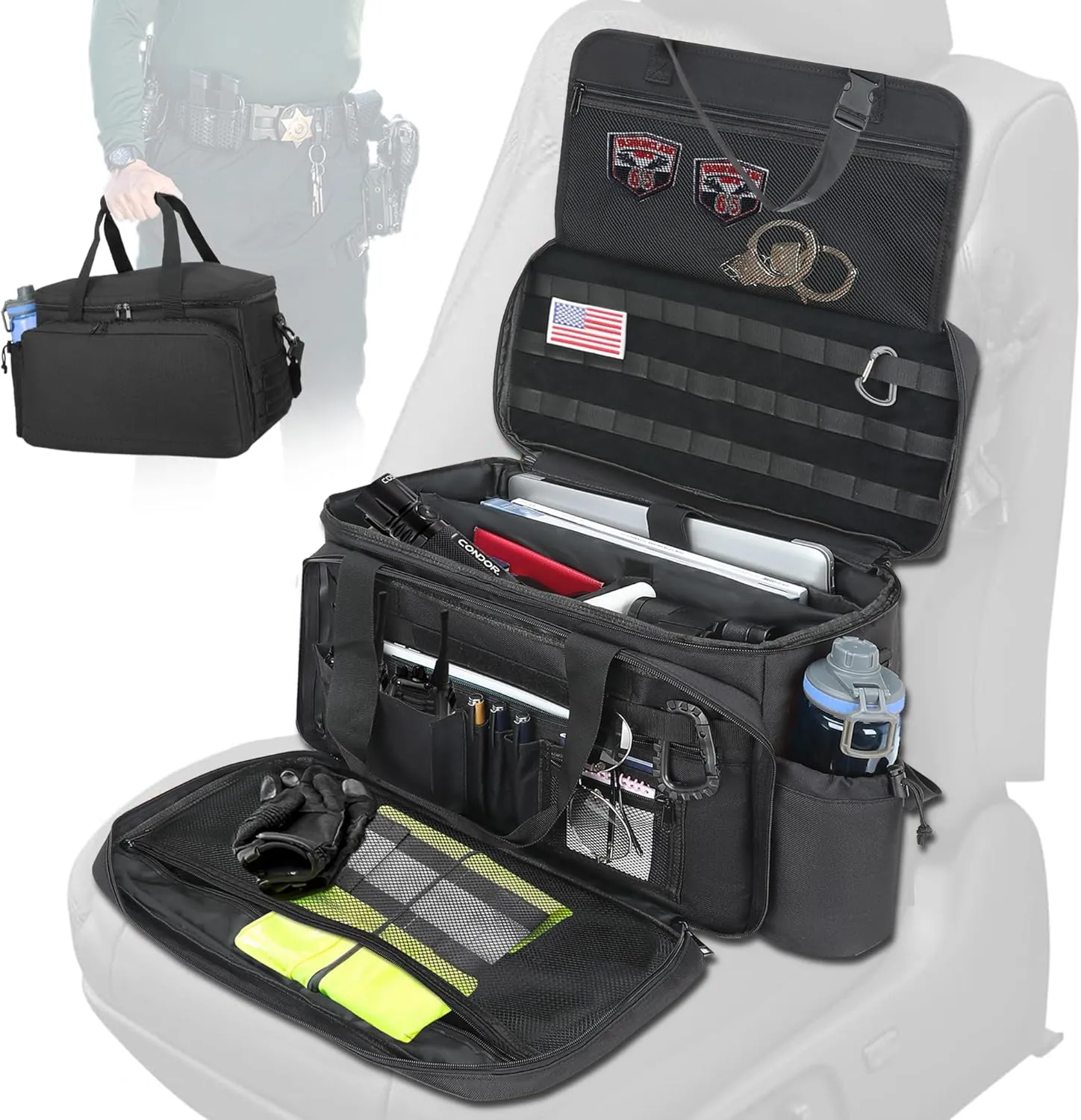 Patrol Bag Police Gear for Law Enforcement Military Car Front Seat Organizer 17" Laptop Sleeve, MOLLE system, Cup Holder, Water-Resistant, and Fits Vehicle Passenger Seat