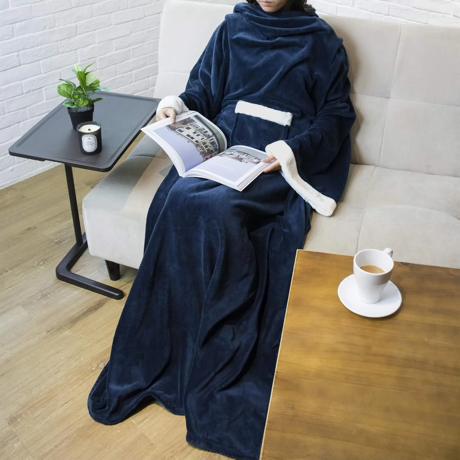PAVILIA Fleece Blanket with Sleeves for Women Men Adults, Wearable Blanket Warm Soft Plush, Snuggle Pocket Sleeved TV Throw Wrap, Cozy White Elephant Gifts Ideas for Mom Wife, Navy Blue