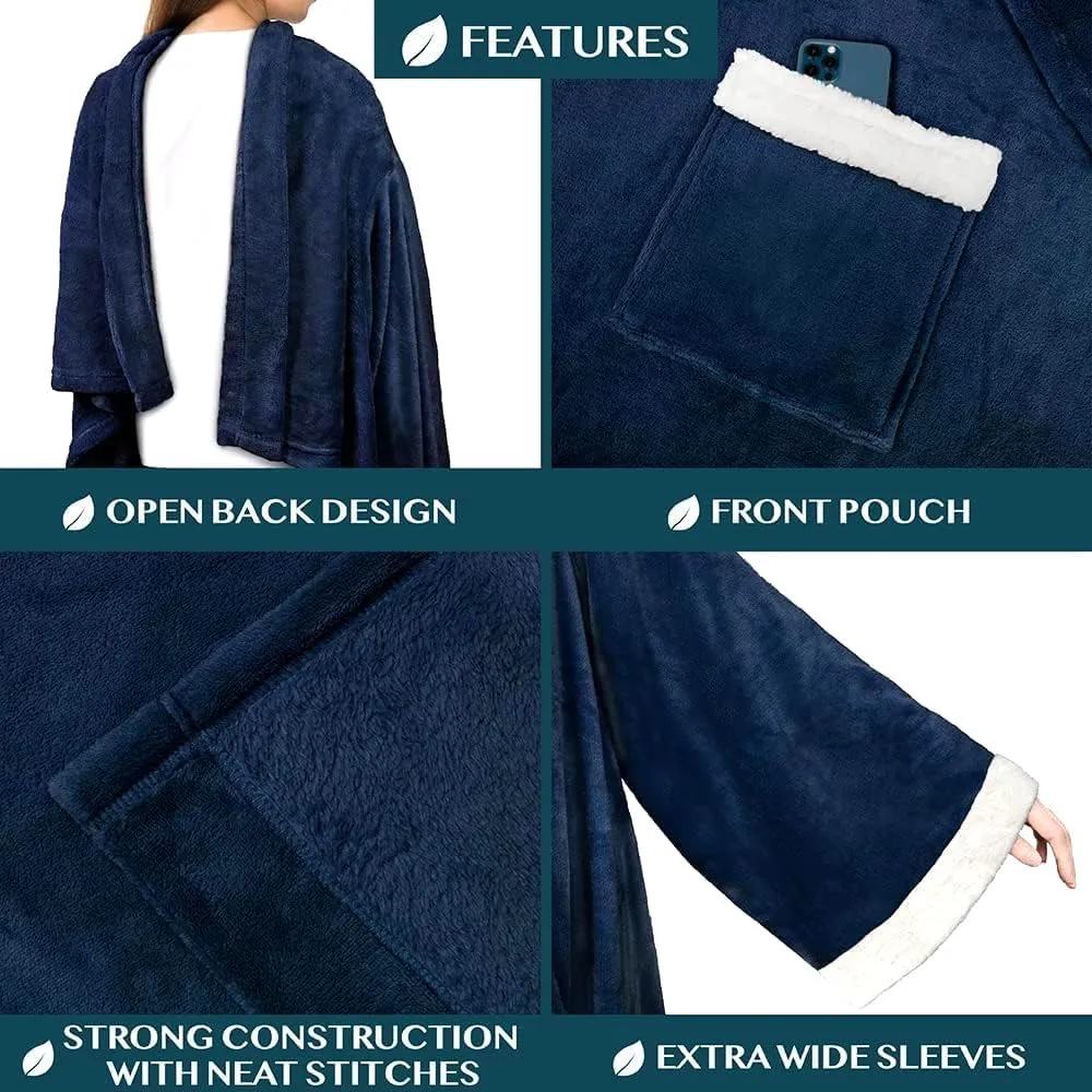 PAVILIA Fleece Blanket with Sleeves for Women Men Adults, Wearable Blanket Warm Soft Plush, Snuggle Pocket Sleeved TV Throw Wrap, Cozy White Elephant Gifts Ideas for Mom Wife, Navy Blue