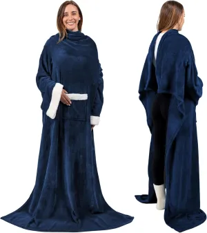 PAVILIA Fleece Blanket with Sleeves for Women Men Adults, Wearable Blanket Warm Soft Plush, Snuggle Pocket Sleeved TV Throw Wrap, Cozy White Elephant Gifts Ideas for Mom Wife, Navy Blue