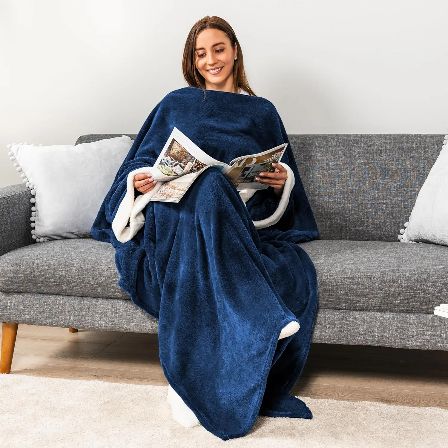 PAVILIA Fleece Blanket with Sleeves for Women Men Adults, Wearable Blanket Warm Soft Plush, Snuggle Pocket Sleeved TV Throw Wrap, Cozy White Elephant Gifts Ideas for Mom Wife, Navy Blue