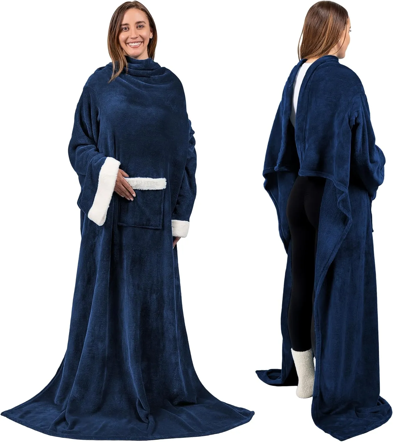 PAVILIA Fleece Blanket with Sleeves for Women Men Adults, Wearable Blanket Warm Soft Plush, Snuggle Pocket Sleeved TV Throw Wrap, Cozy White Elephant Gifts Ideas for Mom Wife, Navy Blue