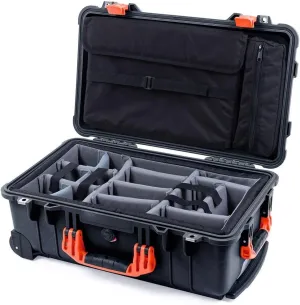 Pelican Protector 1510 Carry-on Case by ColorCase - Black - Medium Size Waterproof Case with Gray Padded Microfiber Dividers & Laptop Computer Lid Pouch - Orange Handles & Latches