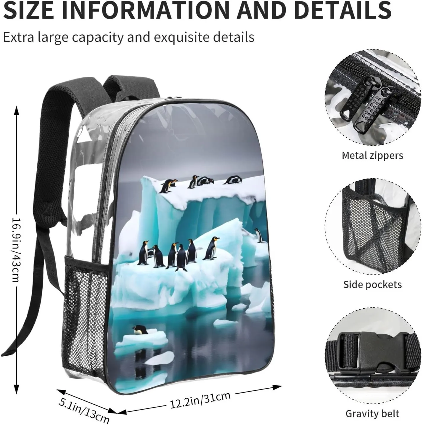 Penguins On The Iceberg Clear Backpack,High Capacity Clear Bag For Travel,Work,Festival, Concerts Women Men Unisex