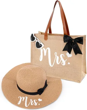 Percozzi Mrs. Tote Bag Sun Hat Glasses Set Bride-To-Be Bridal Shower Gift with Cute Heart Basket for Bride Wifey Honeymoon Jute Tote Bag Kit Summer Beach Present for Friend Set of 3