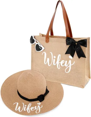 Percozzi Wifey Tote Bag Sun Hat Glasses Set Bride-To-Be Bridal Shower Gift for Future Mrs. Honeymoon Jute Tote Bag Kit Summer Beach Present for Wife Set of 3