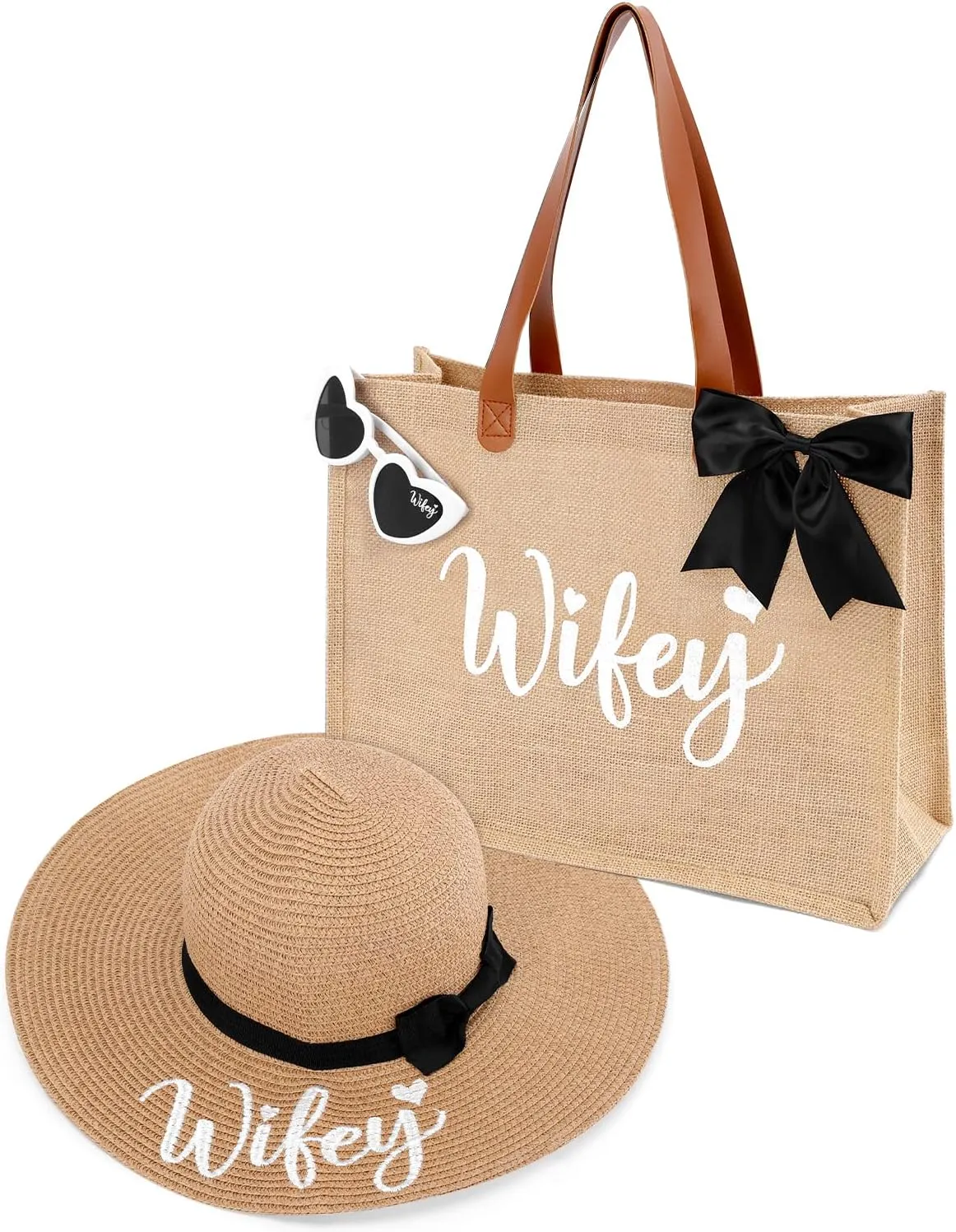 Percozzi Wifey Tote Bag Sun Hat Glasses Set Bride-To-Be Bridal Shower Gift for Future Mrs. Honeymoon Jute Tote Bag Kit Summer Beach Present for Wife Set of 3