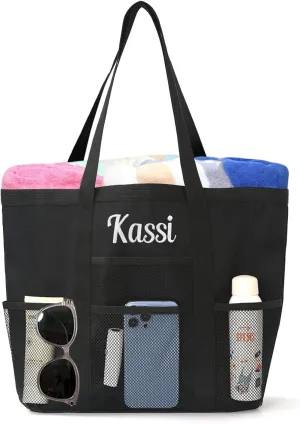 Personalized Beach Tote Bag for Women Custom Embroidered Name Large Mesh Sandproof Swim Bag, Foldable Travel Tote