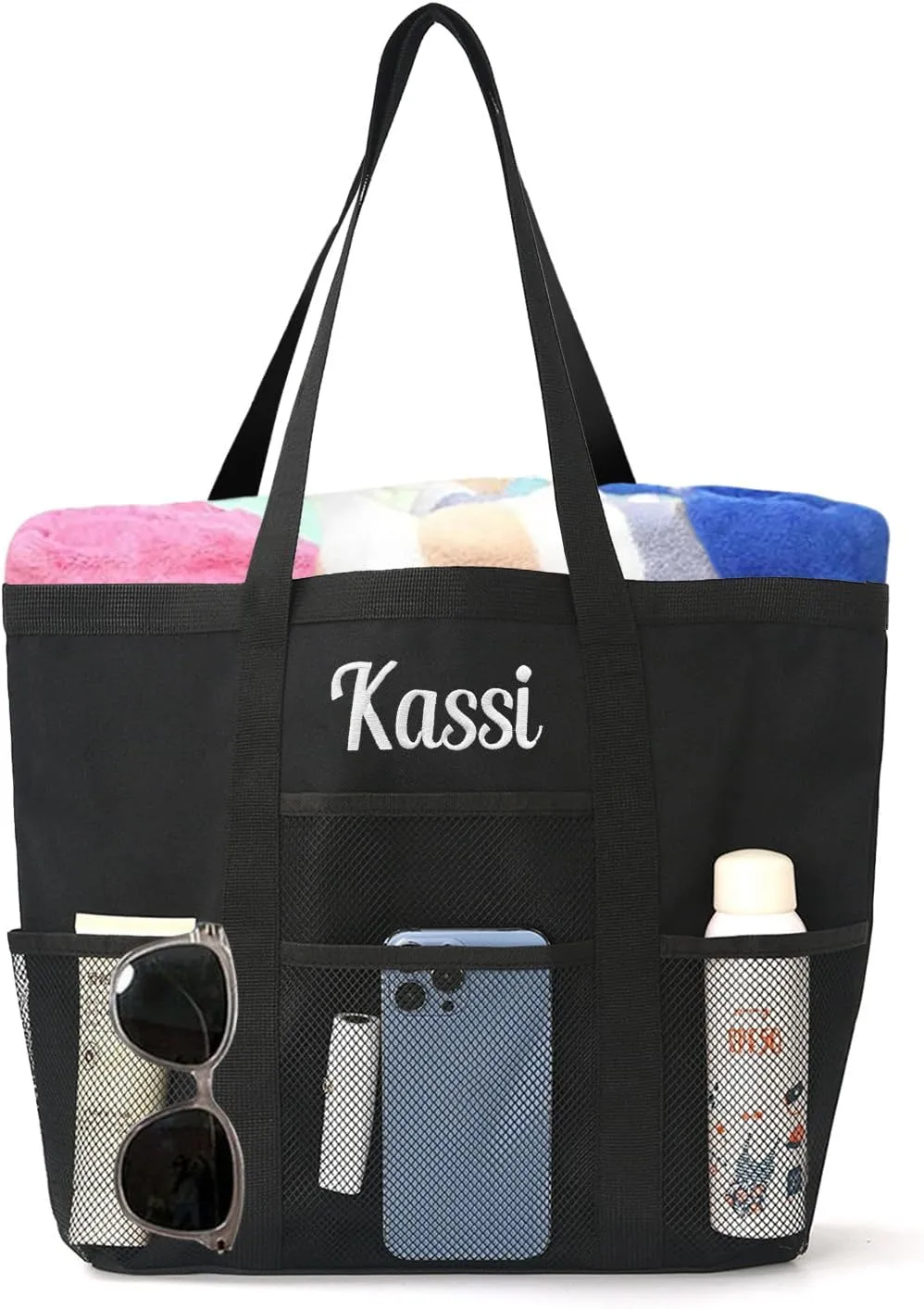 Personalized Beach Tote Bag for Women Custom Embroidered Name Large Mesh Sandproof Swim Bag, Foldable Travel Tote