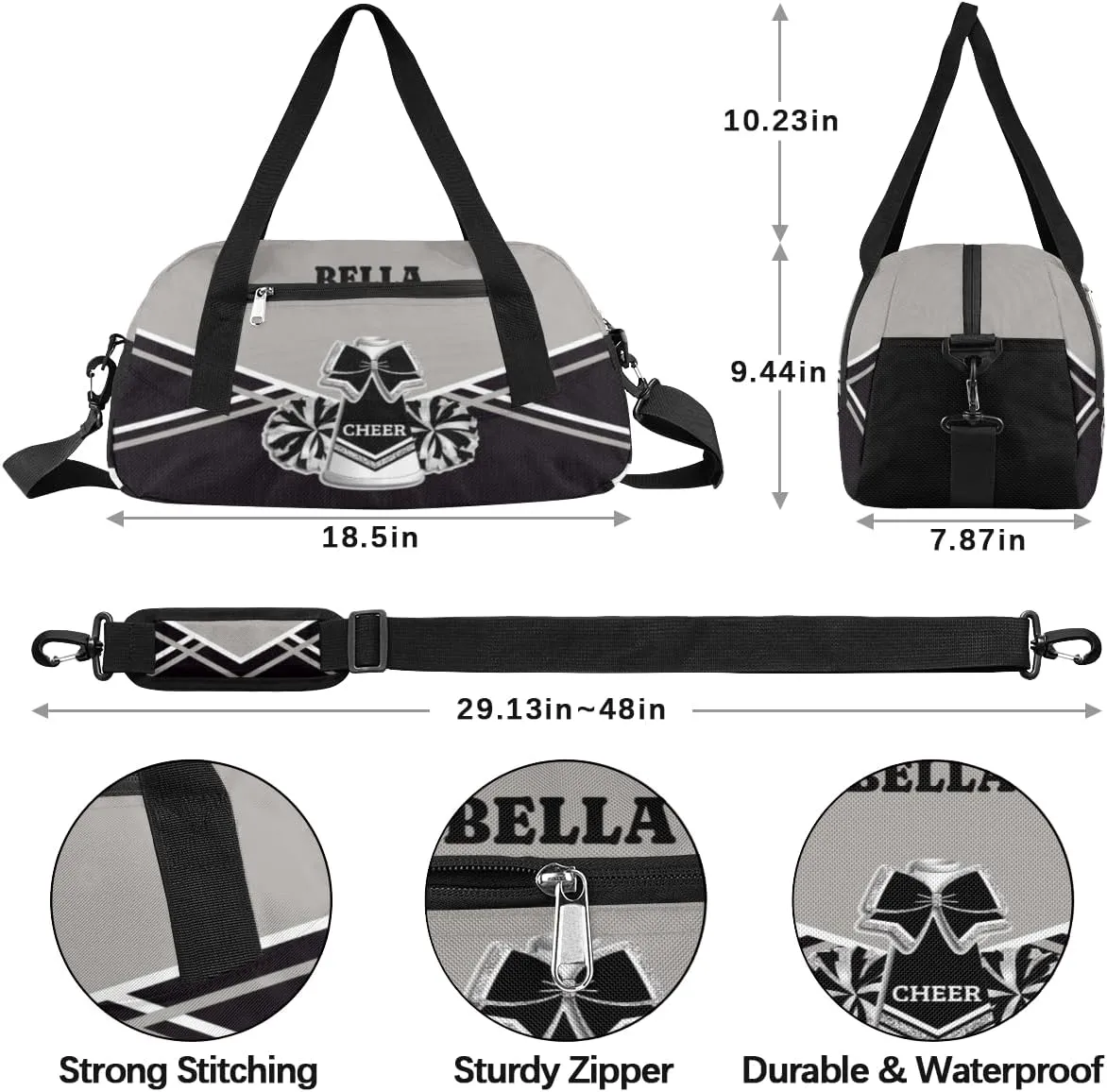 Personalized Cheerleader Bag Dance Bag for Girl, Custom Gym Bag Sport Duffel Bag, Weekender Bags Travel Duffel Bag Cheerleader Black Sliver