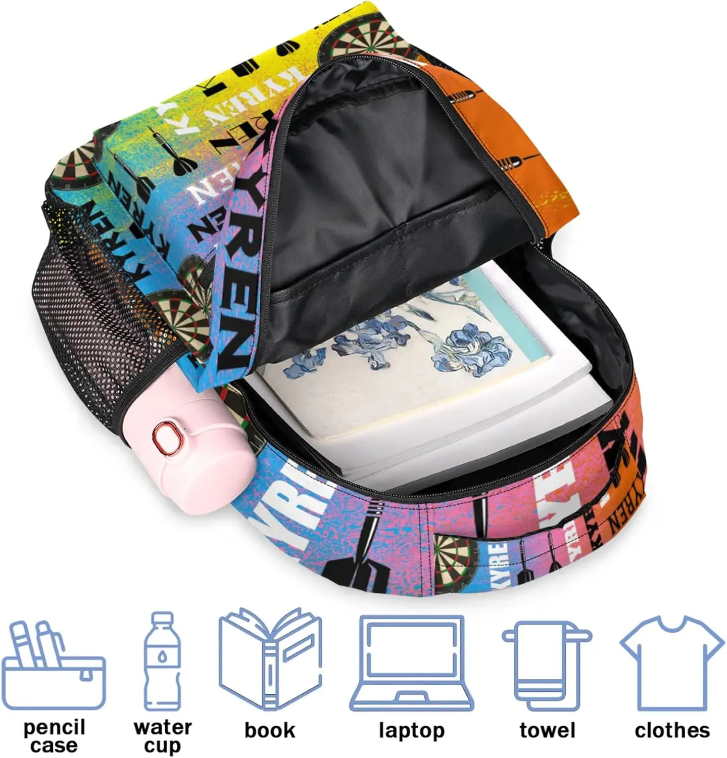 Personalized Darts Backpack, Custom Name Sports Bag Backpack for Men Women, Customized Laptop Backpacks Travel Camping Daypack, Colorful