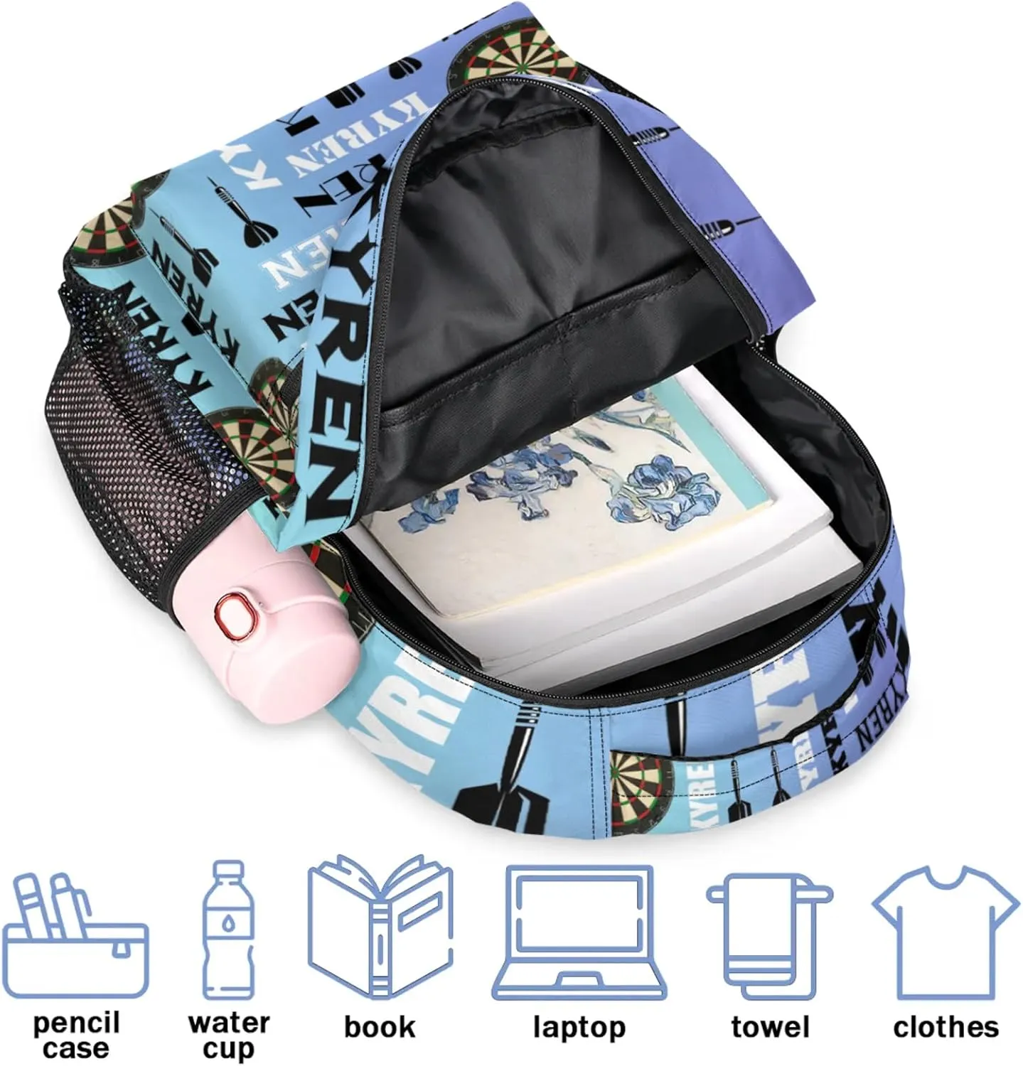 Personalized Darts Backpack with Name, Sports Bag Backpack for Men Women, Customized Laptop Backpacks Travel Camping Daypack, Blue Purple