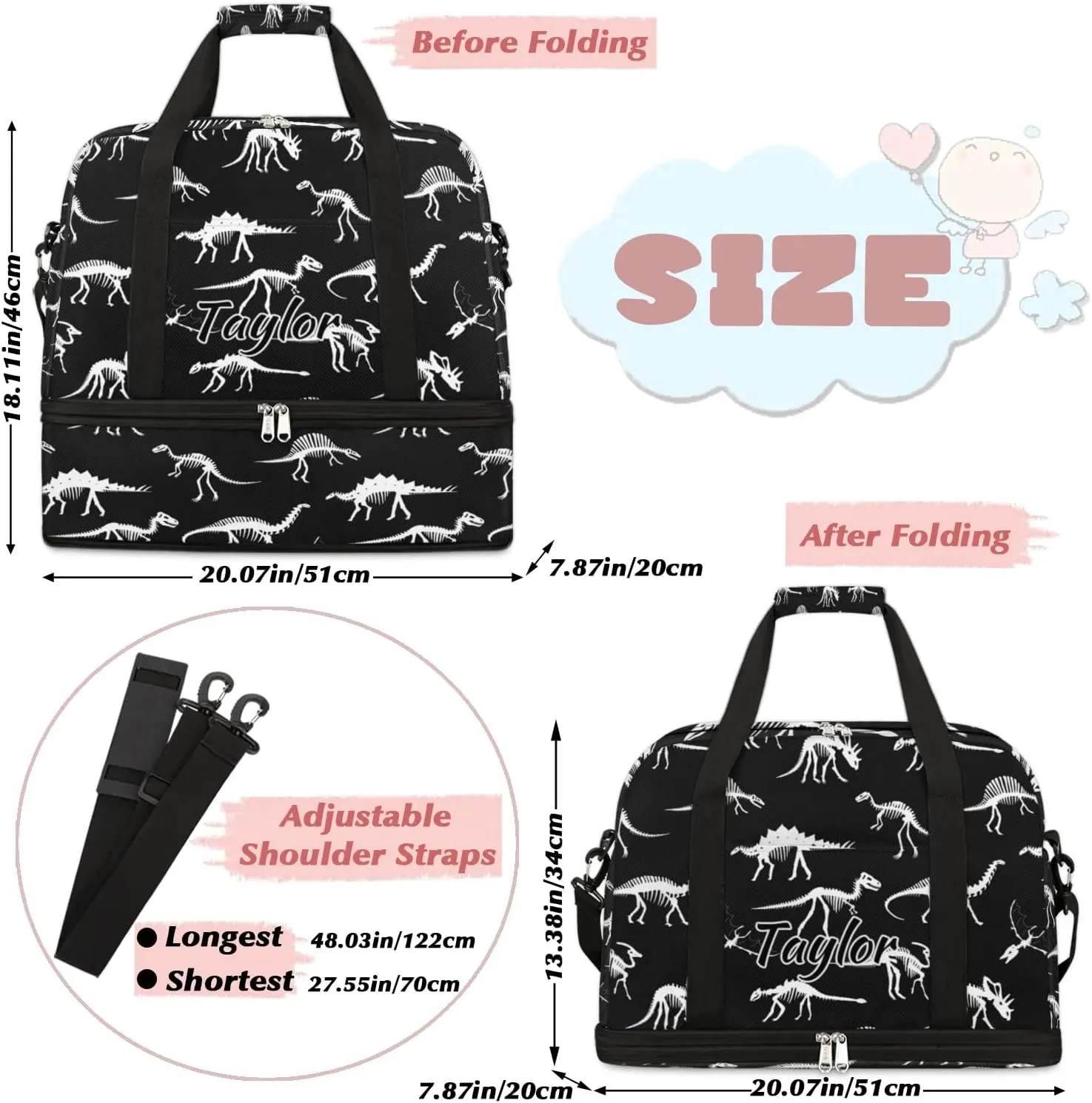 Personalized Duffel Bag with Name, Custom Dinosaur Skull Travel Sports Gym Yoga Beach Bag Customized Weekender Overnight Bag with Shoes Compartment for Women, Dinosaur Printed
