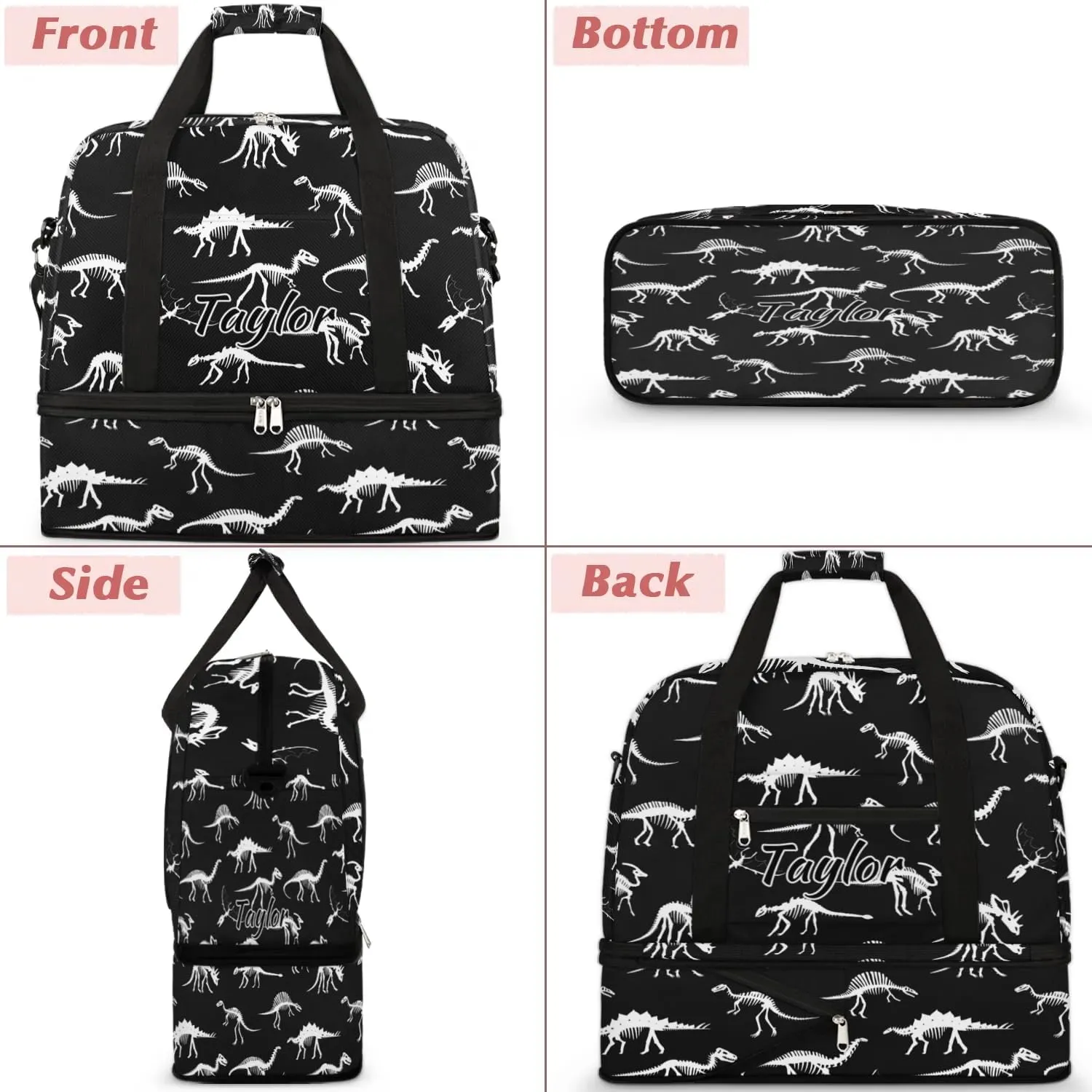 Personalized Duffel Bag with Name, Custom Dinosaur Skull Travel Sports Gym Yoga Beach Bag Customized Weekender Overnight Bag with Shoes Compartment for Women, Dinosaur Printed