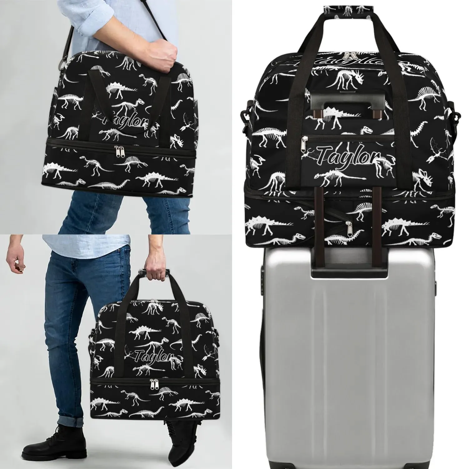 Personalized Duffel Bag with Name, Custom Dinosaur Skull Travel Sports Gym Yoga Beach Bag Customized Weekender Overnight Bag with Shoes Compartment for Women, Dinosaur Printed