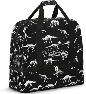 Personalized Duffel Bag with Name, Custom Dinosaur Skull Travel Sports Gym Yoga Beach Bag Customized Weekender Overnight Bag with Shoes Compartment for Women, Dinosaur Printed