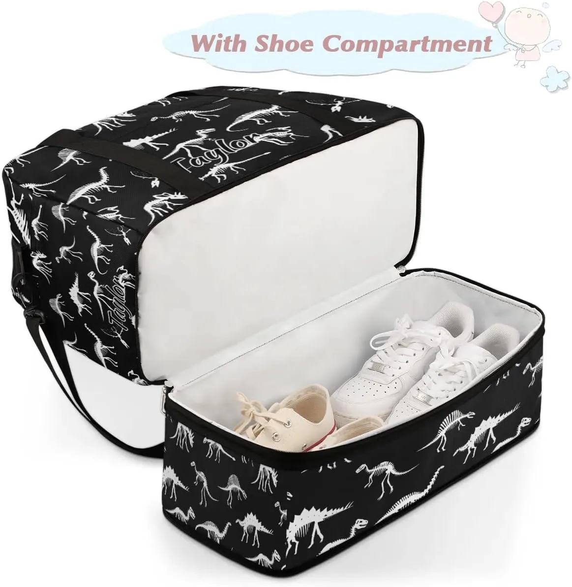 Personalized Duffel Bag with Name, Custom Dinosaur Skull Travel Sports Gym Yoga Beach Bag Customized Weekender Overnight Bag with Shoes Compartment for Women, Dinosaur Printed