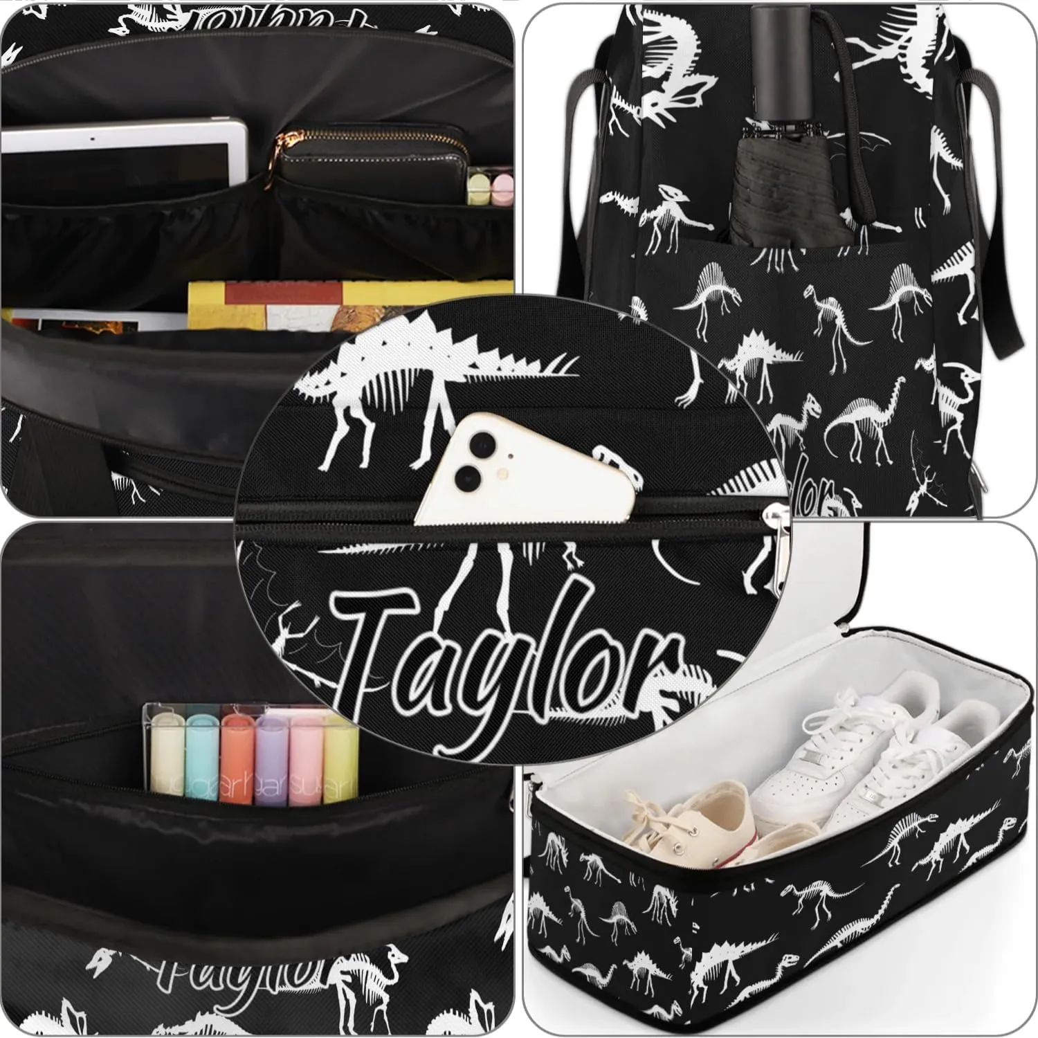 Personalized Duffel Bag with Name, Custom Dinosaur Skull Travel Sports Gym Yoga Beach Bag Customized Weekender Overnight Bag with Shoes Compartment for Women, Dinosaur Printed