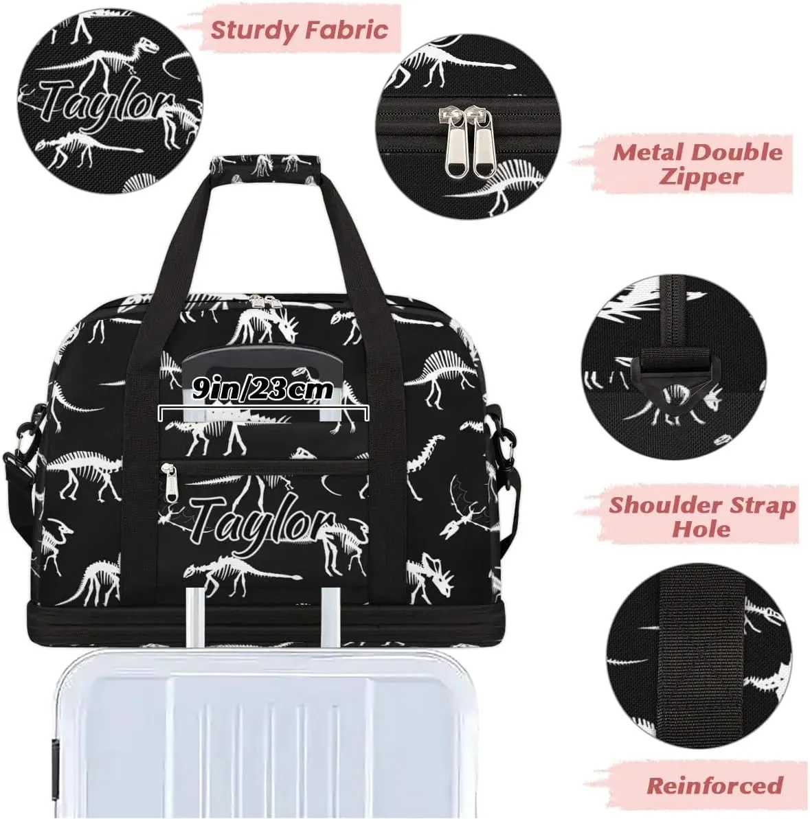 Personalized Duffel Bag with Name, Custom Dinosaur Skull Travel Sports Gym Yoga Beach Bag Customized Weekender Overnight Bag with Shoes Compartment for Women, Dinosaur Printed