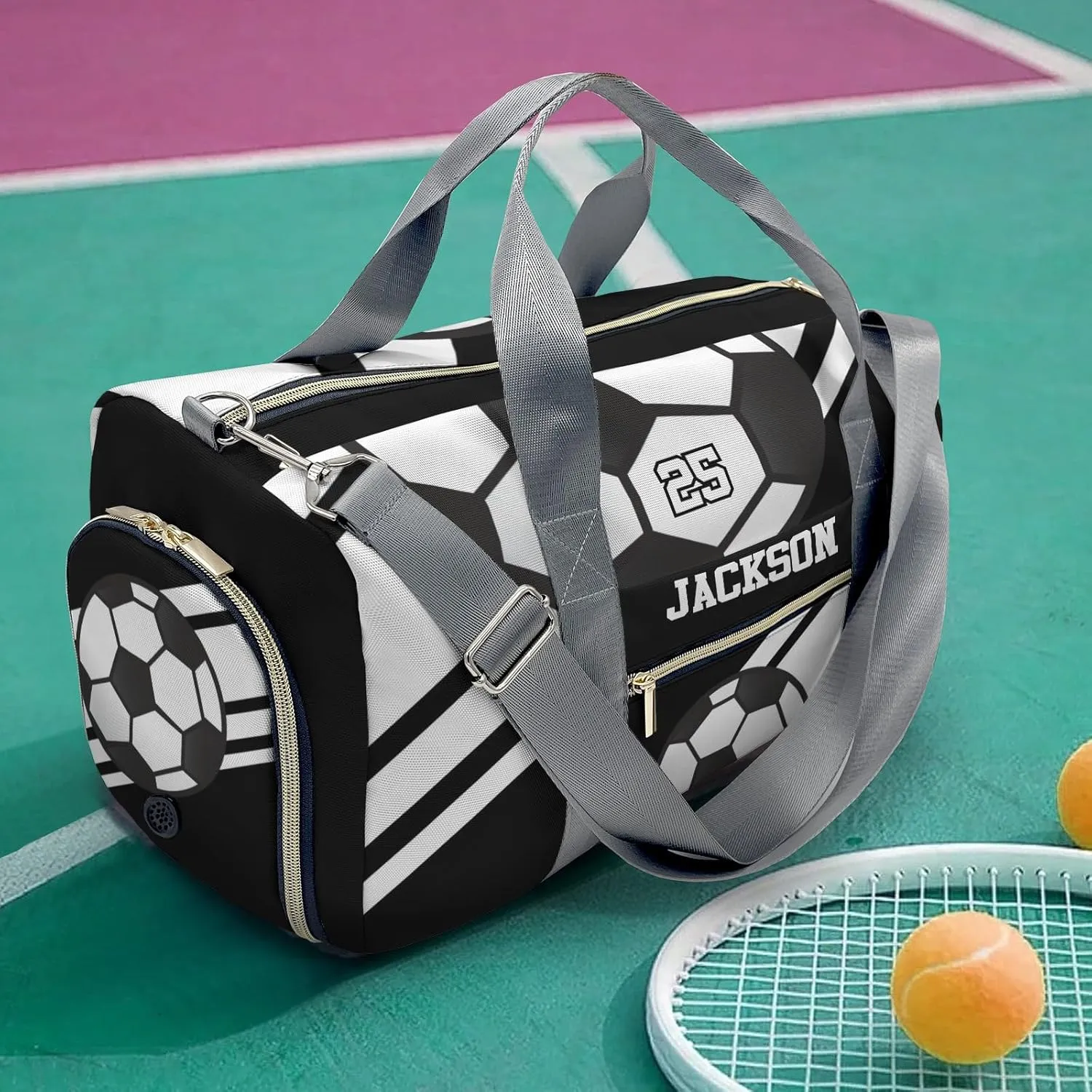Personalized Duffle Bag with Name,Soccer Ball Sports Black Custom Travel Bag Carry On Weekend Overnight Bag Gym Sports Bag Dance Bag
