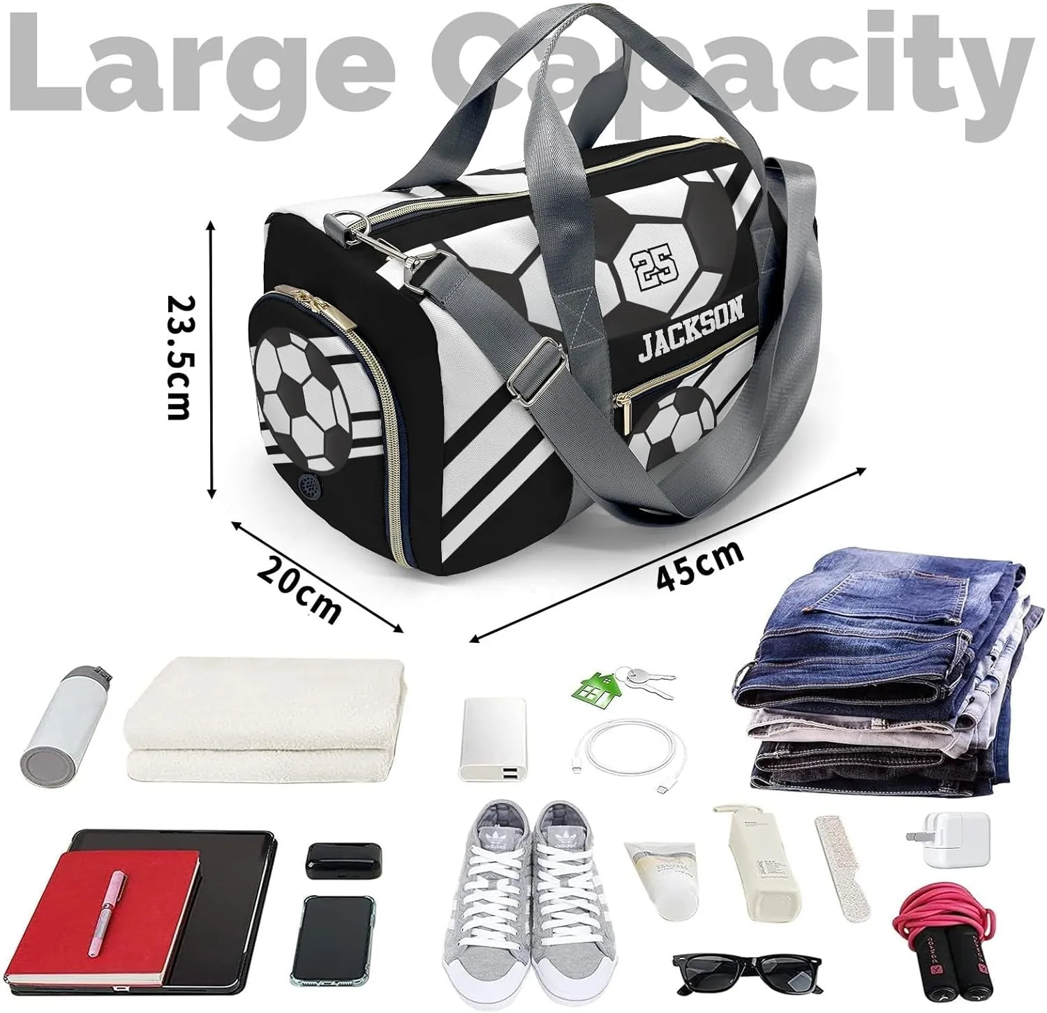 Personalized Duffle Bag with Name,Soccer Ball Sports Black Custom Travel Bag Carry On Weekend Overnight Bag Gym Sports Bag Dance Bag