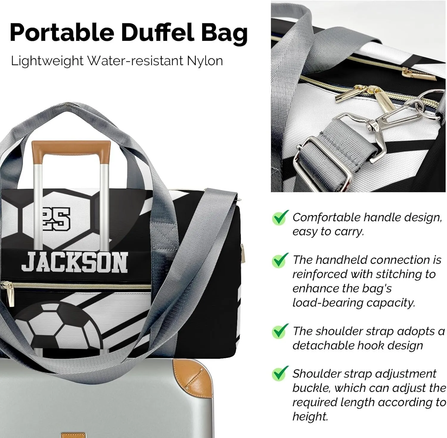 Personalized Duffle Bag with Name,Soccer Ball Sports Black Custom Travel Bag Carry On Weekend Overnight Bag Gym Sports Bag Dance Bag