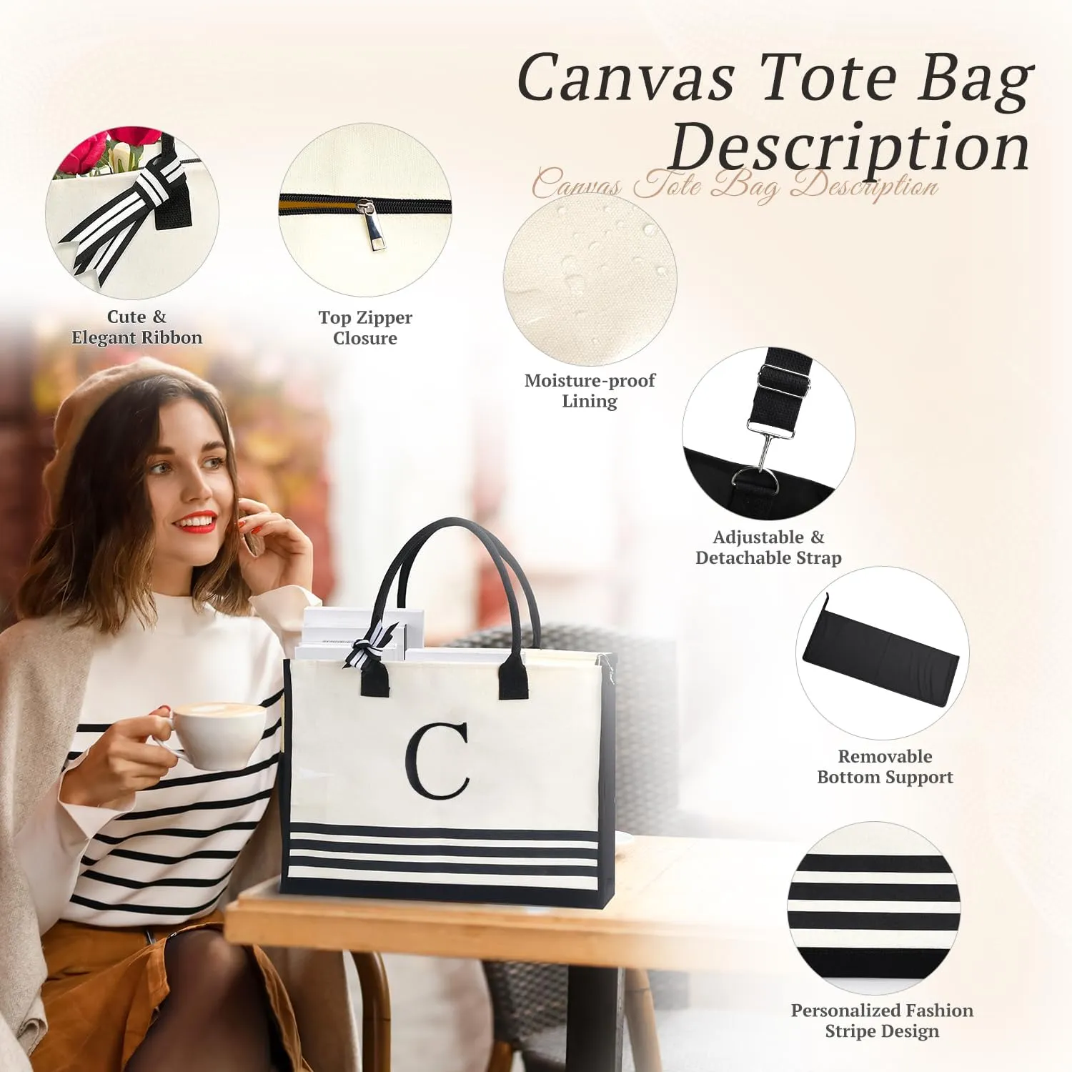 Personalized Initial Monogrammed Canvas Tote Bags, Gifts for Women Teachers Birthday Graduation Beach