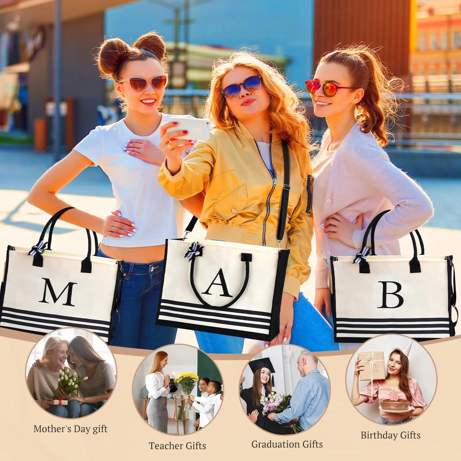 Personalized Initial Monogrammed Canvas Tote Bags, Gifts for Women Teachers Birthday Graduation Beach