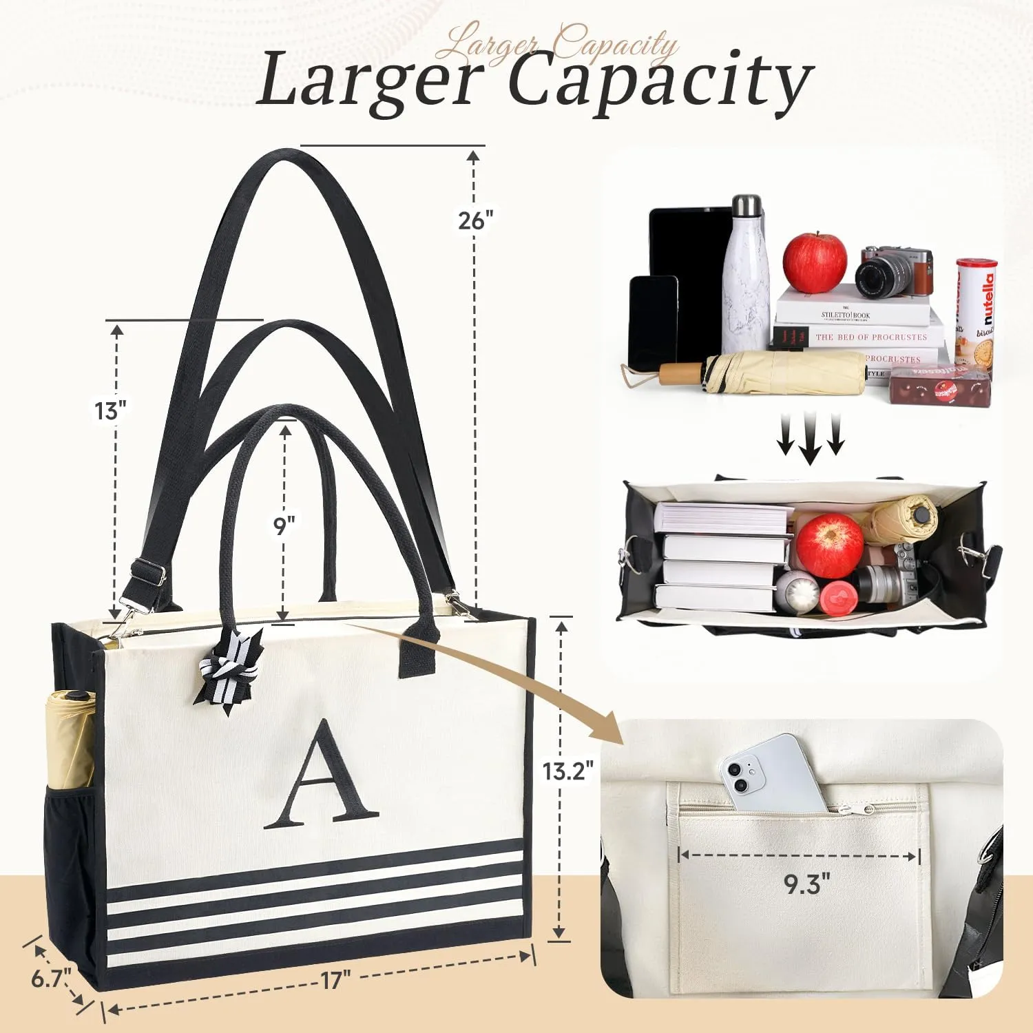 Personalized Initial Monogrammed Canvas Tote Bags, Gifts for Women Teachers Birthday Graduation Beach