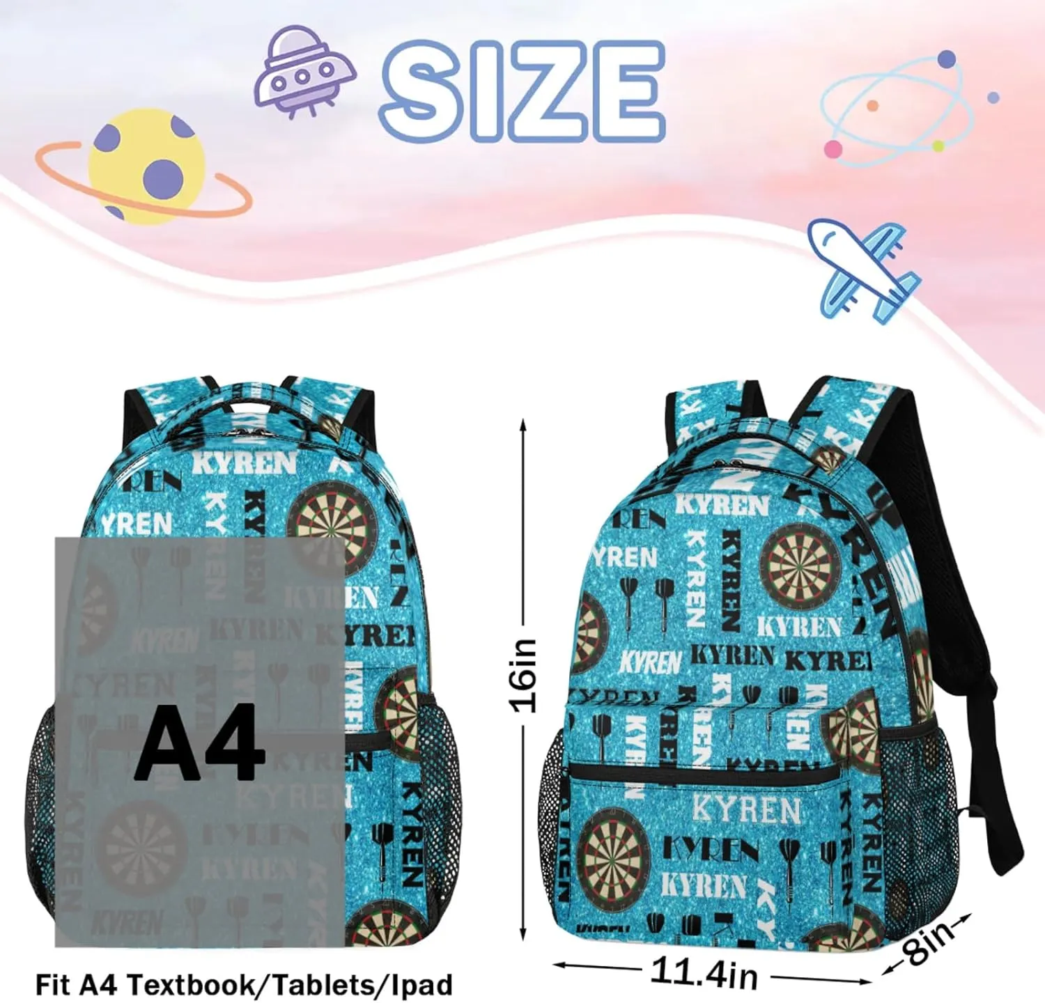 Personalized Name Darts Backpack, Custom Sports Bag Backpack for Men Women, Laptop Backpacks Travel Camping Daypack, Blue Glitter