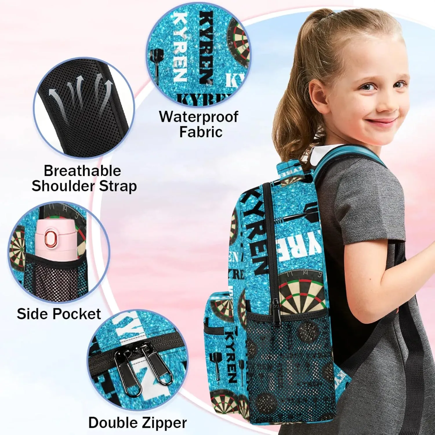 Personalized Name Darts Backpack, Custom Sports Bag Backpack for Men Women, Laptop Backpacks Travel Camping Daypack, Blue Glitter