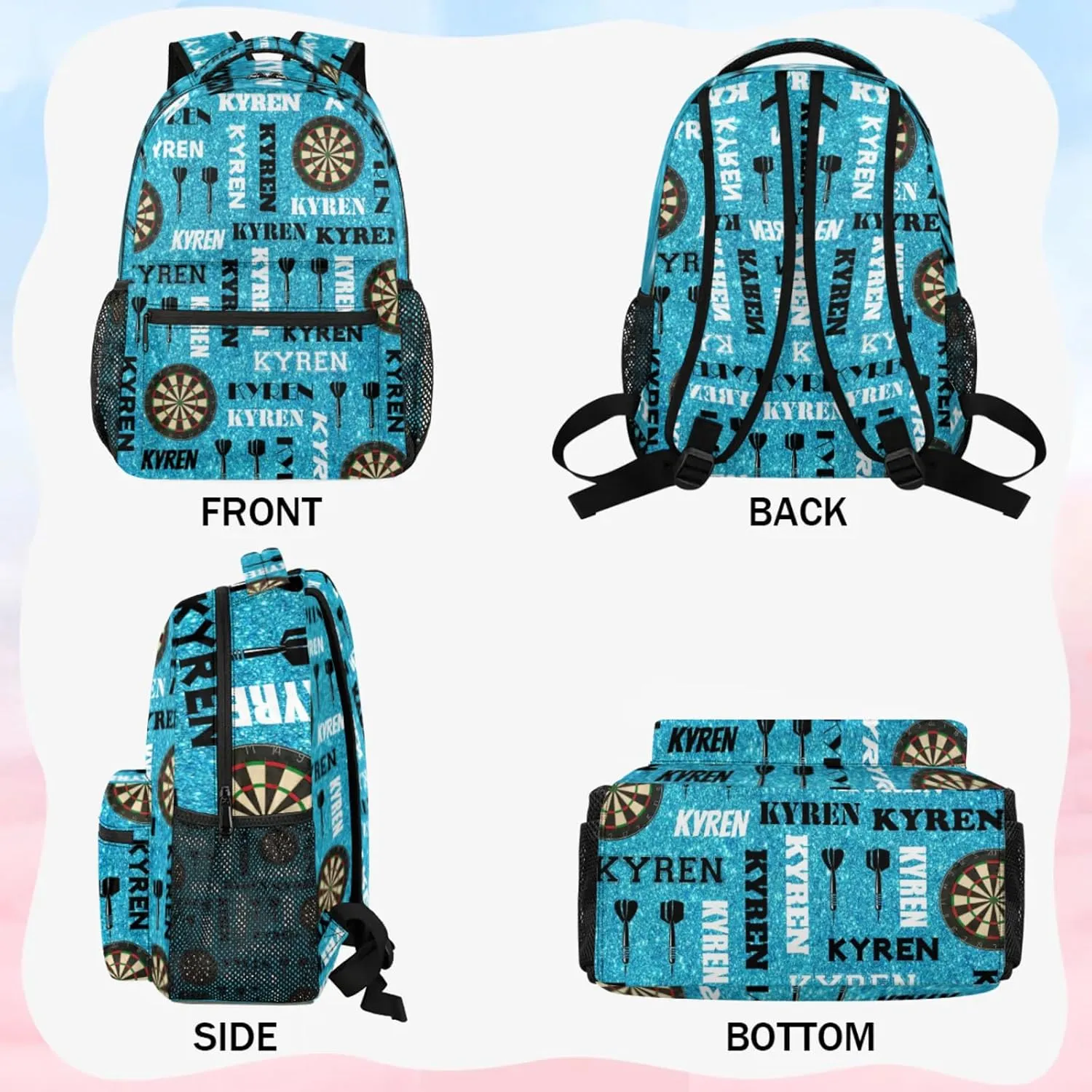 Personalized Name Darts Backpack, Custom Sports Bag Backpack for Men Women, Laptop Backpacks Travel Camping Daypack, Blue Glitter