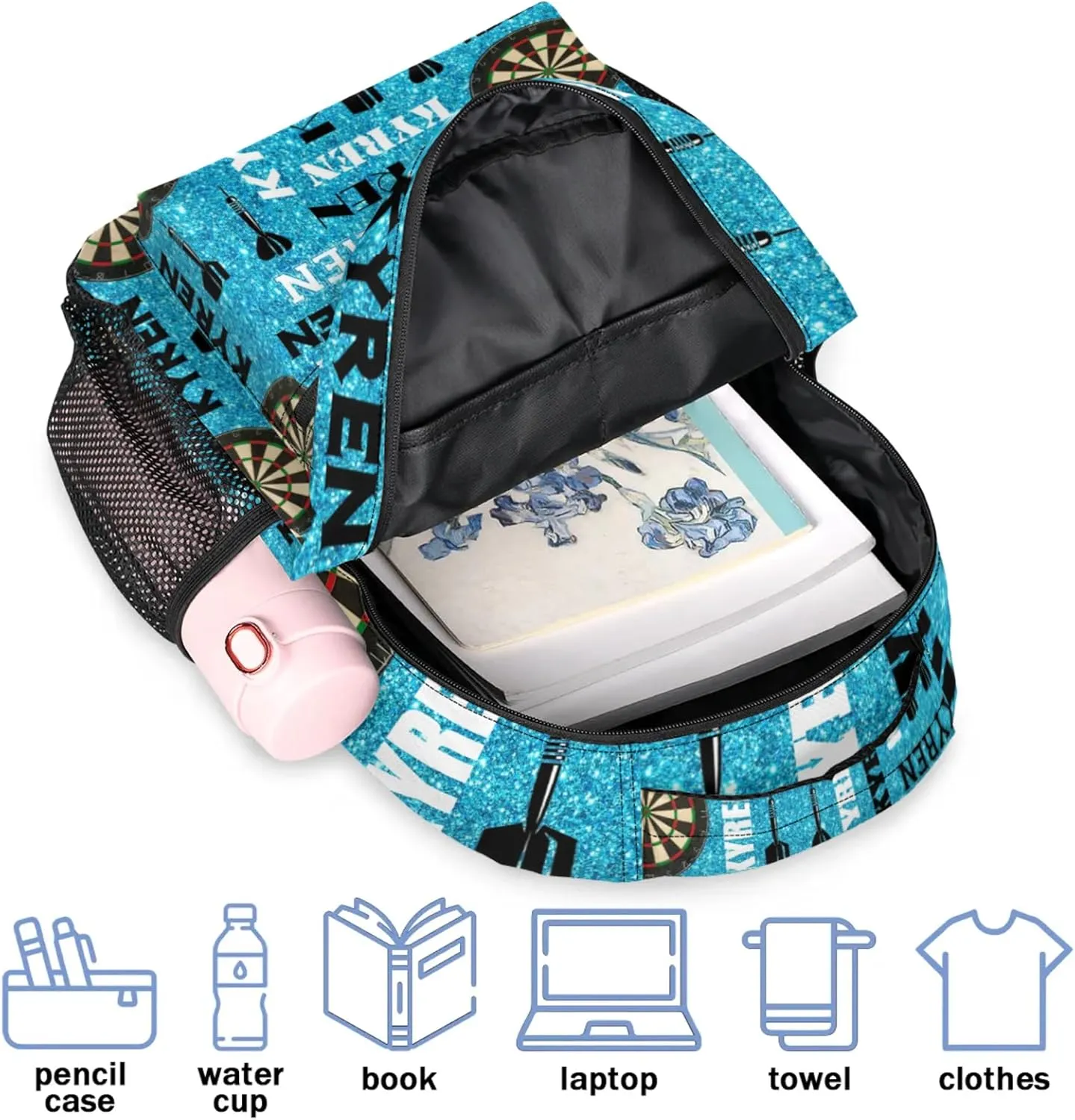 Personalized Name Darts Backpack, Custom Sports Bag Backpack for Men Women, Laptop Backpacks Travel Camping Daypack, Blue Glitter